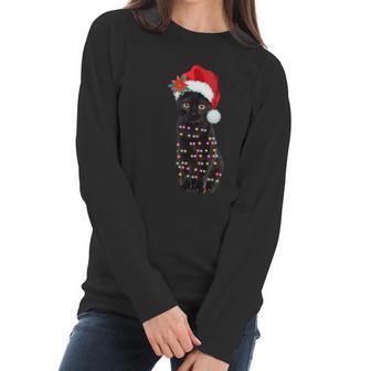 Santa Black Cat Tangled Up In Lights Christmas Santa Women Long Sleeve Tshirt | Favorety