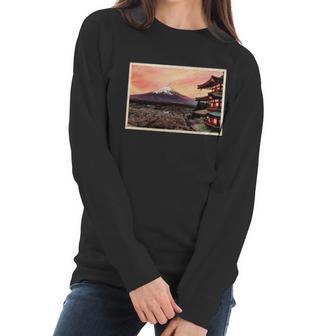 Vintage Japanese Mt Fuji Pagoda And Cherry Blossoms Women Long Sleeve Tshirt | Favorety