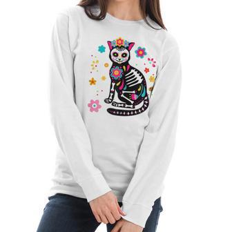 Womens Black Cat Sugar Skull Day Of Dead Mexican Dia De Los Muertos Women Long Sleeve Tshirt | Favorety DE