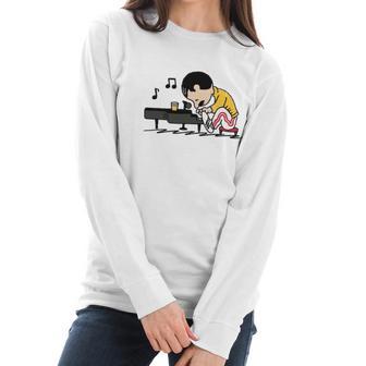 Freddie Mercury Peanuts Playing Piano And Dinking Wine Shirt Women Long Sleeve Tshirt | Favorety AU