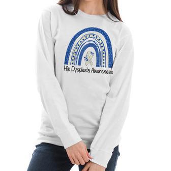 Hip Dysplasia Awareness Floral Blue White Ribbon Rainbow Women Long Sleeve Tshirt | Favorety CA