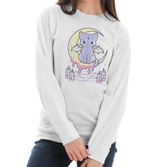 Womens Kawaii Pastel Goth Cute Creepy Black Cat V-Neck Women Long Sleeve Tshirt | Favorety