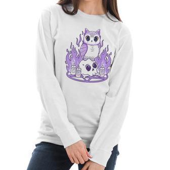 Womens Kawaii Pastel Goth I Cute Creepy Witchy Owl And Skull Women Long Sleeve Tshirt | Favorety AU