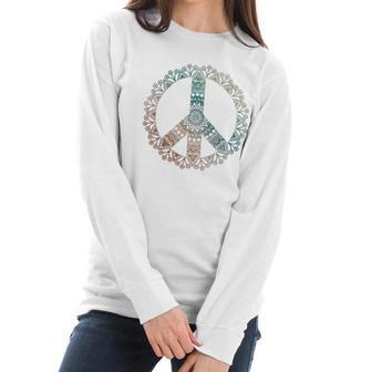 Neutral Boho Yoga Ornate Mandala Peace Sign Hippie Women Long Sleeve Tshirt | Favorety AU