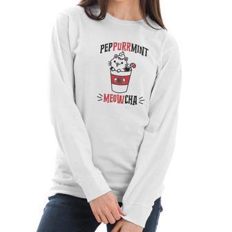 Peppurrmint Meowcha Funny Christmas Cat Peppermint Mocha Coffee Women Long Sleeve Tshirt | Favorety CA