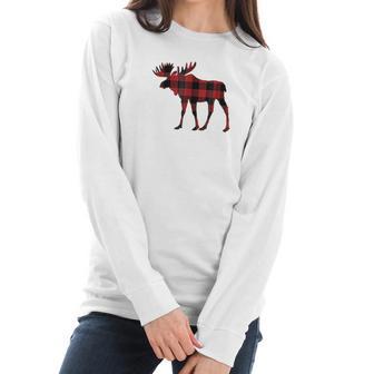 Red Black Buffalo Plaid Flannel Christmas Moose Women Long Sleeve Tshirt | Favorety AU