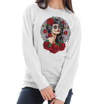 Sugar Skull Day Of The Dead Dia De Los Muertos Flowers Women Long Sleeve Tshirt | Favorety AU