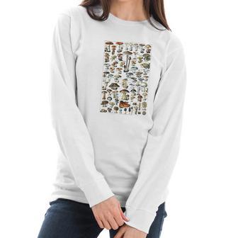 Vintage Mushrooms Chart Illustration Shroom Morel Hunter Women Long Sleeve Tshirt | Favorety DE