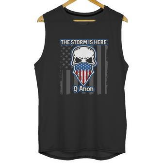 Q Anon Usa Flag Skull The Storm Is Here Men Tank Top | Favorety DE