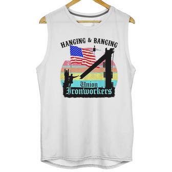 Union Ironworkers Hanging & Banging American Flag Men Tank Top | Favorety CA