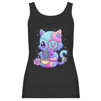 Kawaii Creepy Cat Eating Ramen Noodles Pastel Goth Aesthetic Men Women T-Shirt Graphic Print Casual Unisex Tee Women Tank Top | Favorety