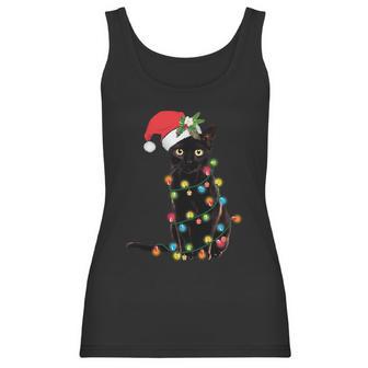 Santa Black Cat Tangled Up In Christmas Tree Lights Holiday Long Sleeve Tshirt Women Tank Top | Favorety