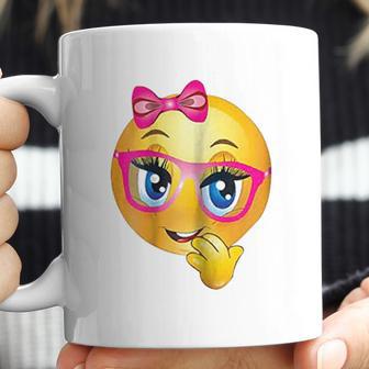 Smiling Girl Bling Face With Pink Glasses Women Emojis Coffee Mug | Favorety