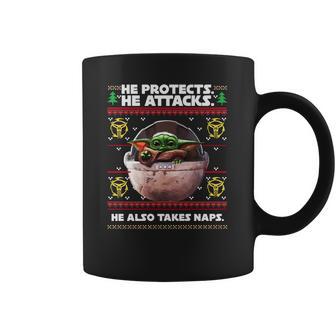 Baby Yoda He Protects He Attacks He Also Takes Naps Christmas Sweater Coffee Mug | Favorety