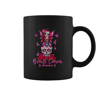 Funny Ribbon Like A Girl Sugar Skull Fight Breast Cancer Awareness Graphic Design Printed Casual Daily Basic Coffee Mug | Favorety