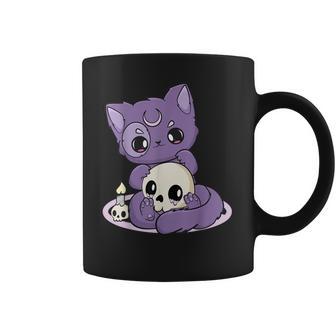 Kawaii Pastel Goth Cute Creepy Black Cat And Skull Anime Nu Coffee Mug | Favorety AU