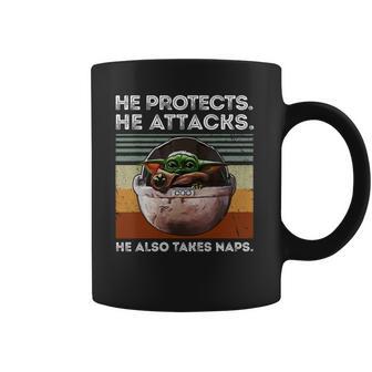 Vintage Baby Yoda He Protects He Attacks He Also Takes Naps Shirt Coffee Mug | Favorety AU