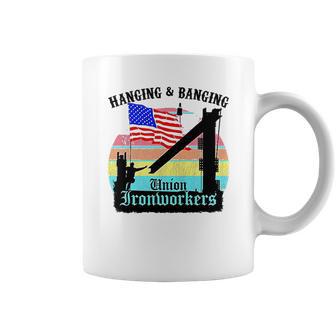 Union Ironworkers Hanging & Banging American Flag Coffee Mug | Favorety AU