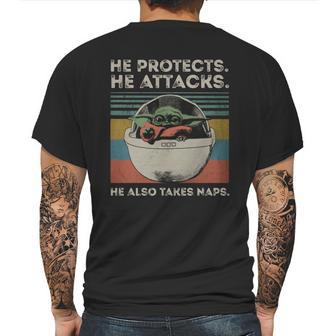 Baby Yoda He Protects He Attacks He Also Takes Naps Vintage Shirt Mens Back Print T-shirt | Favorety UK