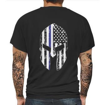 Blue Line American Flag Spartan Head Mens Back Print T-shirt | Favorety CA