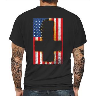 Burned Upside & Down Cross American Flag Satanism Mens Back Print T-shirt | Favorety UK