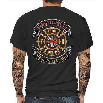 Firefighter Biker Logo First In Last Out Mens Back Print T-shirt | Favorety