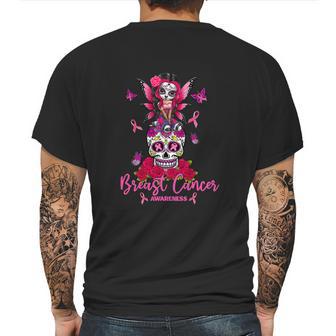 Funny Ribbon Like A Girl Sugar Skull Fight Breast Cancer Awareness Graphic Design Printed Casual Daily Basic Mens Back Print T-shirt | Favorety