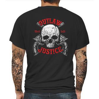 Outlaw Justice With Skull And Pistols Mens Back Print T-shirt | Favorety