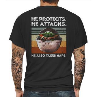 Vintage Baby Yoda He Protects He Attacks He Also Takes Naps Shirt Mens Back Print T-shirt | Favorety DE