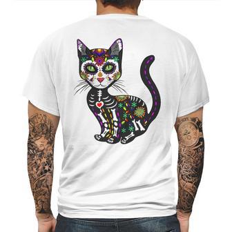 Cute Sugar Skull Mexican Cat Halloween Day Of The Dead Mens Back Print T-shirt | Favorety