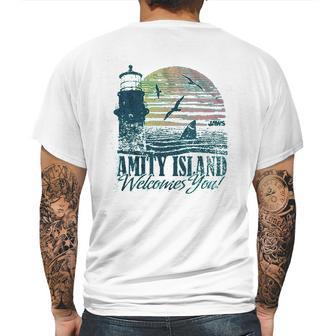 Jaws Amity Island Welcomes You Lighthouse Mahi Heather Mens Back Print T-shirt | Favorety CA