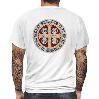 The Saint Benedict Medal Catholic Mens Back Print T-shirt | Favorety