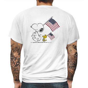 Snoopy And Woodstock Holding American Flag 4Th Of July Mens Back Print T-shirt | Favorety