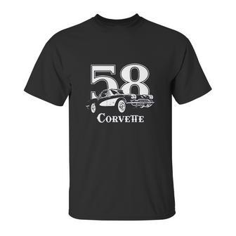 1958 Corvette Three Quarter View With Year And Model Dark Color Unisex T-Shirt | Favorety AU