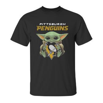 Baby Yoda Hug Pittsburgh Penguins Unisex T-Shirt | Favorety