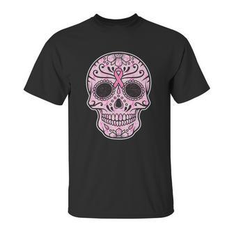 Breast Cancer Sugar Skull Day Of The Dead Dia De Los Muertos Unisex T-Shirt | Favorety UK