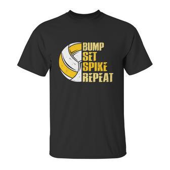 Bump Set Spike Repeat Volleyball Funny Graphic Design Printed Casual Daily Basic Unisex T-Shirt | Favorety DE