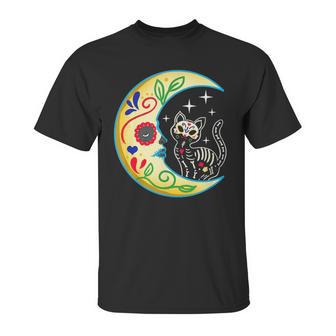 Cat & Moon Sugar Skull Dia De Los Muertos Day Of The Dead V2 Unisex T-Shirt | Favorety