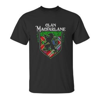 Clan Macfarlane Surname Scottish Tartan Lion Rampant Crest Unisex T-Shirt | Favorety AU