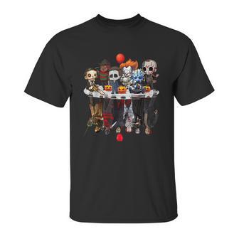 Cute Horror Movie Chibi Character Water Reflection Halloween Unisex T-Shirt | Favorety