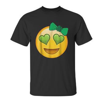 Emoji Saint Patricks Day Girls Green Heart Eyes Bow Unisex T-Shirt | Favorety CA