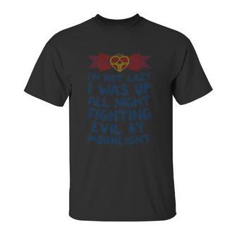 I Was Up Fighting Evil By Moonlight Heathered Unisex T-Shirt | Favorety CA