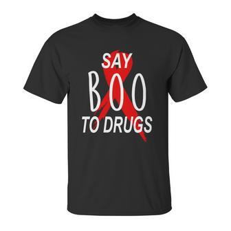 Funny Halloween Say Boo To Drugs Awareness Red Ribbon Unisex T-Shirt | Favorety