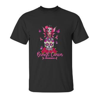 Funny Ribbon Like A Girl Sugar Skull Fight Breast Cancer Awareness Graphic Design Printed Casual Daily Basic Unisex T-Shirt | Favorety AU