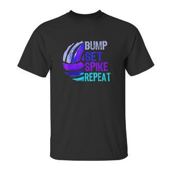 Girls Volleyball Bump Set Spike Repeat Blue Purple Teen Gift Unisex T-Shirt | Favorety UK