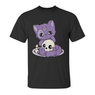 Kawaii Pastel Goth Cute Creepy Black Cat And Skull Anime Nu Unisex T-Shirt | Favorety