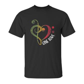 One Love Treble Bass Clef Heart Reggae Musician Unisex T-Shirt | Favorety