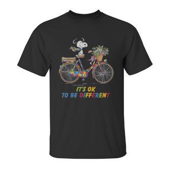 Snoopy Riding Bike It’S Ok To Be Different Autism Shirt Unisex T-Shirt | Favorety DE