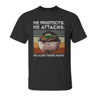 Vintage Baby Yoda He Protects He Attacks He Also Takes Naps Shirt Unisex T-Shirt | Favorety CA