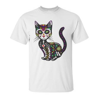 Cute Sugar Skull Mexican Cat Halloween Day Of The Dead Unisex T-Shirt | Favorety CA